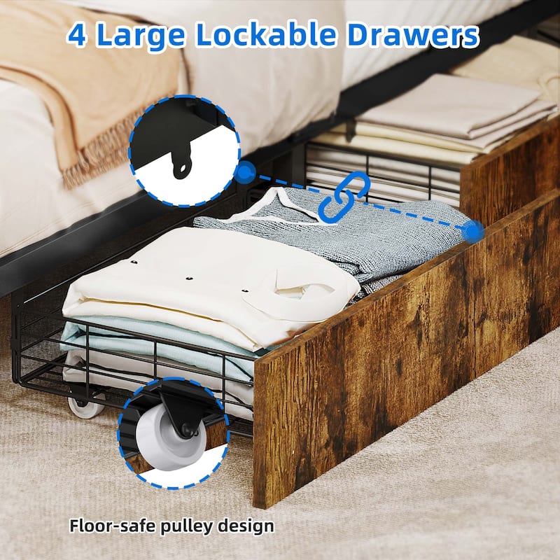 Upholstered Platform Bed with Charging Station and Storage Headboard