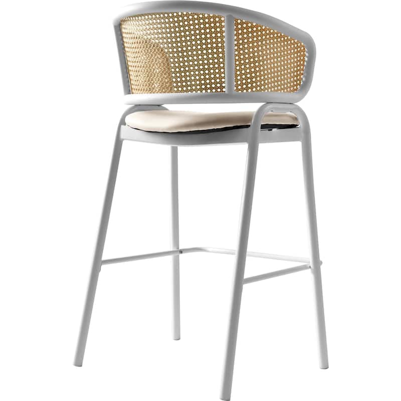 LeisureMod Ervilla Set of 2 Modern Wicker Leather Bar Stool with Curved Back & White Steel Frame for Home Office Dining Room