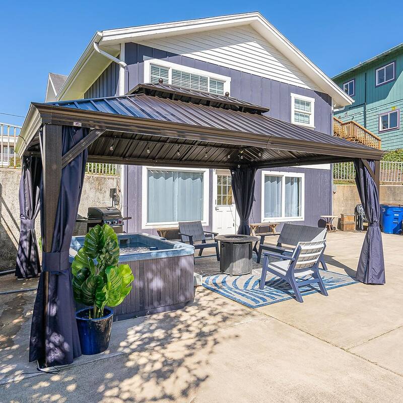 PURPLE LEAF Outdoor Hardtop Gazebo For Patio Bronze Aluminum Frame Pavilion With Navy-Blue Curtain