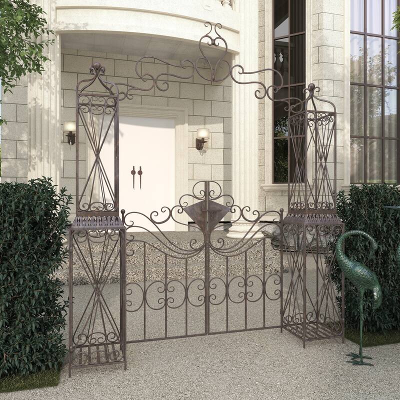 Black Metal Indoor Outdoor Scrollwork Arched Gate Garden Arbor with Pillars and Latch Lock Closure