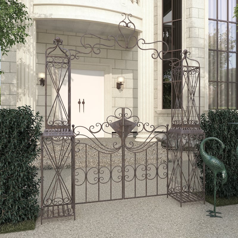 Metal Indoor Outdoor Scrollwork Arched Gate Garden Arbor with Pillars and Latch Lock Closure - Black - Roche River Decor