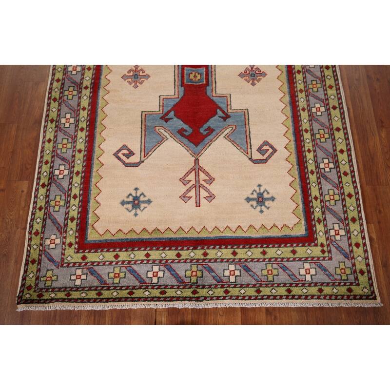 Oriental Beige Kazak Area Rug Handmade Wool Carpet - 4'1" x 6'0"