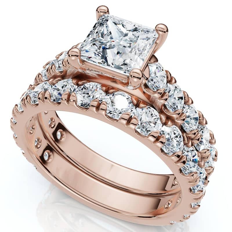 Bliss Diamond Certified 3Ct Princess Cut Diamond Engagement Ring Set Gold Lab Grown - 8.5 - Rose