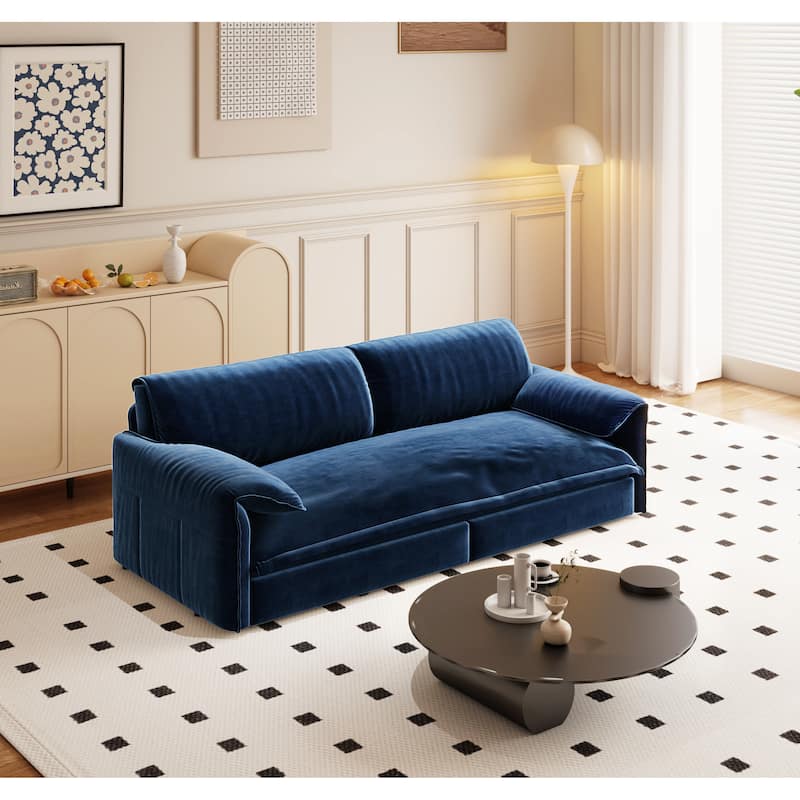 66" Queen Velvet Pull Out Sofa Bed w/ Side Storage Multi-Functional Loveseat Bed for Living Room Office - Blue