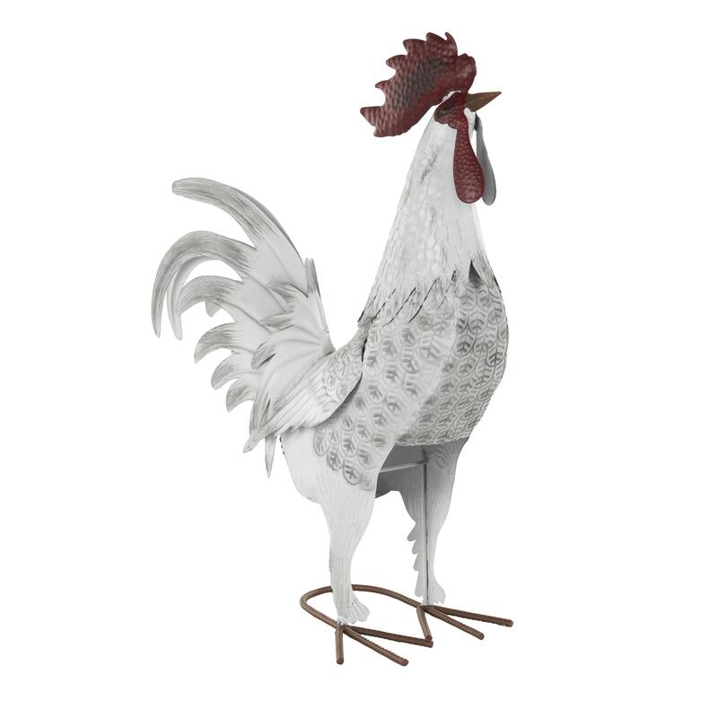 Metal Rooster Decorative Garden Sculpture with Black Texturing and Red Accents - White - Roche River Decor
