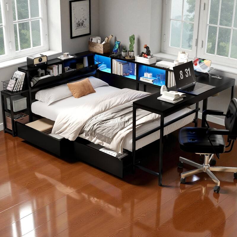 Twin/Full Size Corner Bed Frame with Bookcase, LED Lights, Charging Station and 2 Storage Drawers, Modern Platform Bed