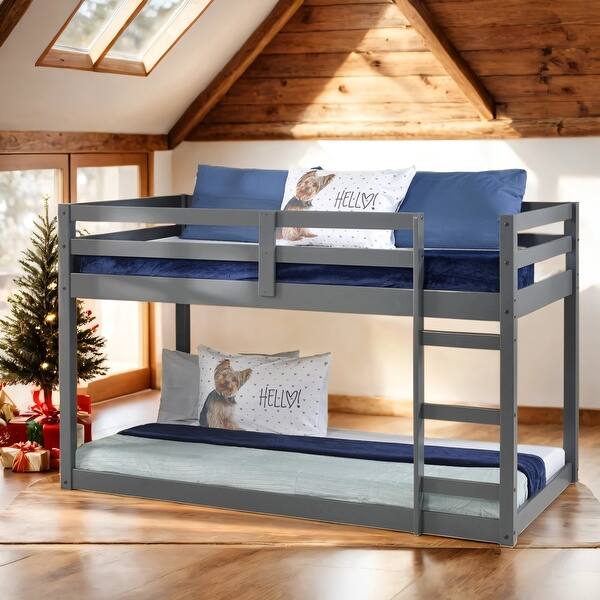 slide 2 of 14, Wood Twin Loft Bed with Built-in Ladder and Safety Guardrail for Bedroom For Home Grey