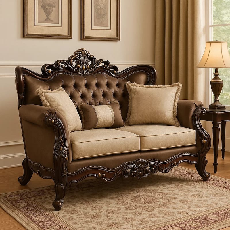 Aboi Loveseat w Pillows, Brown Velvet, Ornate Carved Dark Cherry Wood, 70 Inch