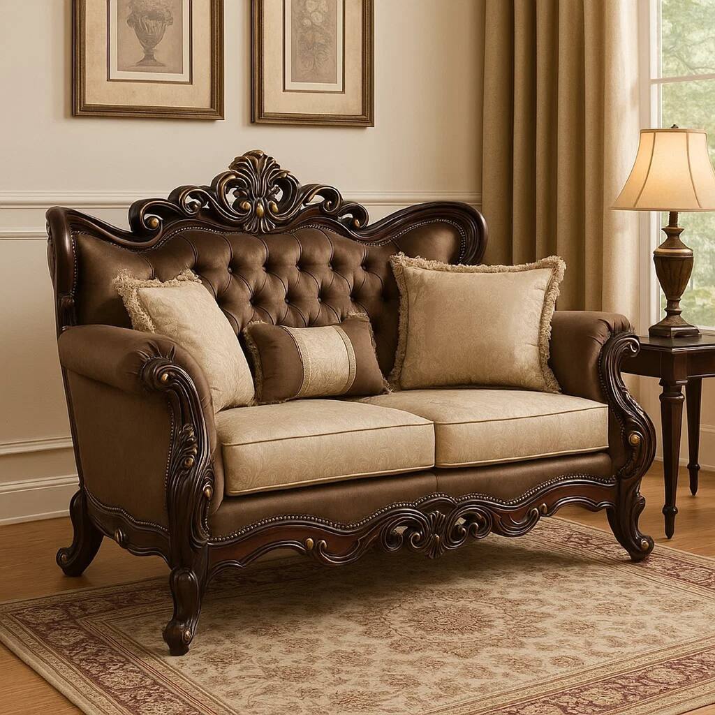 Aboi Loveseat w Pillows, Brown Velvet, Ornate Carved Dark Cherry Wood, 70 Inch