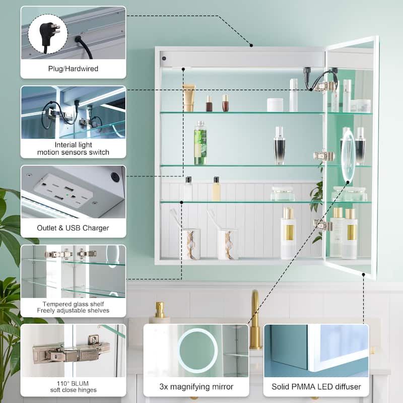 30'' H Recessed or Surface Frameless LED Mirror Cabinet With Defogger, Dimmer, Outlets & USB Ports 