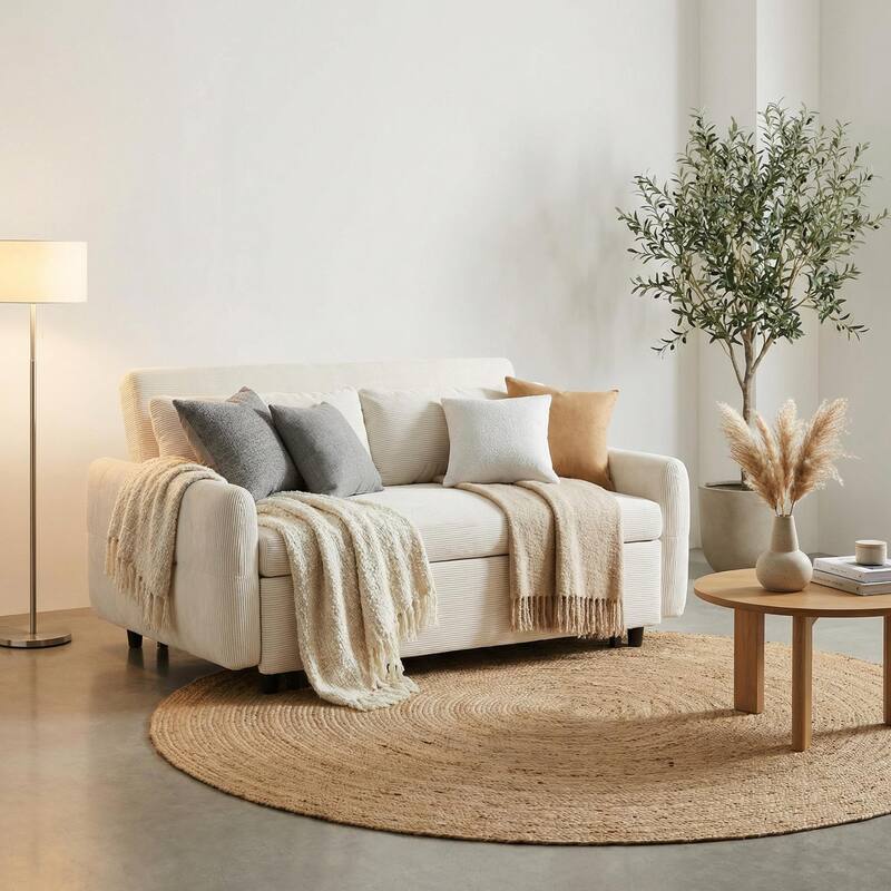 HOMYLIN 57.48" Beige 2 Seat Sleeper Sofa with USB, Pull-Out Sofa Bed