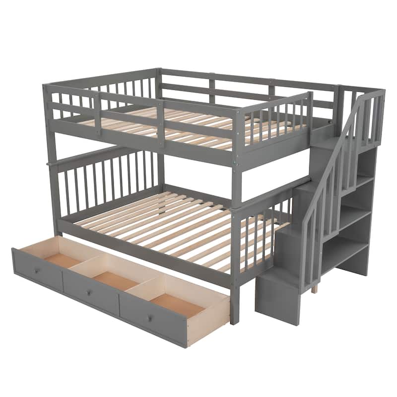 Full Bunk Bed with Storage Stairs and 4-Drawer, 275lb Capacity, Solid Wood Frame