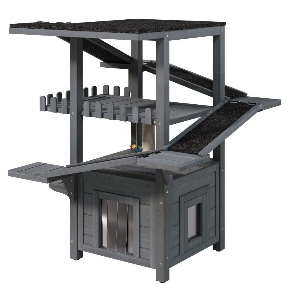 34-in Weatherproof Roof Pine 4-Tier Outdoor Cat House Tower