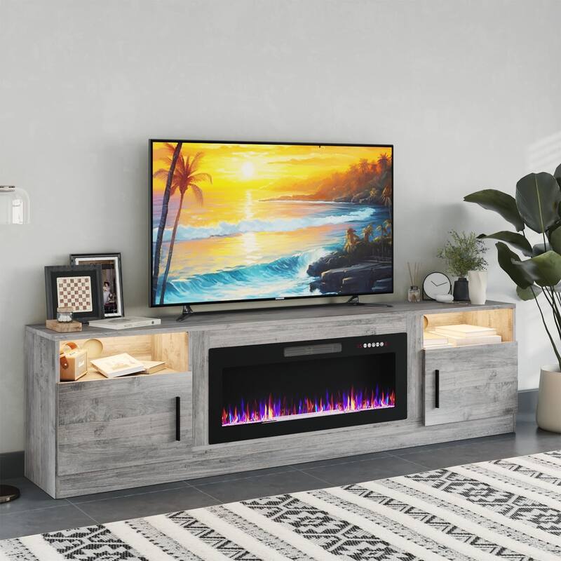 80" Modern Electric Fireplace TV Stand with 20-Color LED Lights, Fits Up to 90" TV, Adjustable Shelves & Cable Management - Grey