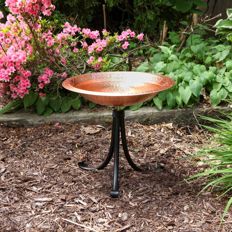 Achla Designs 14"W Round Satin Copper Hammered Solid Birdbath w/ Black Wrought Iron Tripod Stand
