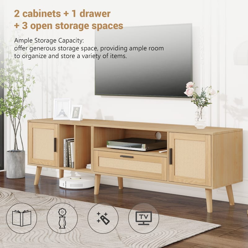 Rattan TV Stand Media Console Table for TVs up to 80", Entertainment Center with Solid Wood Legs, TV cabinet