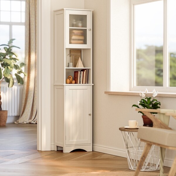 Freestanding Narrow Tall Bathroom Storage Cabinet with Adjustable Shelves Door and Open Shelves On Sale Bed Bath Beyond 40127420