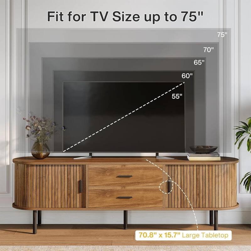 Rossetta 70.87" Mid-Century Modern retro-chic style TV Stand with Vertical Fluted Tambour Sliding Doors, up to 75" TVs