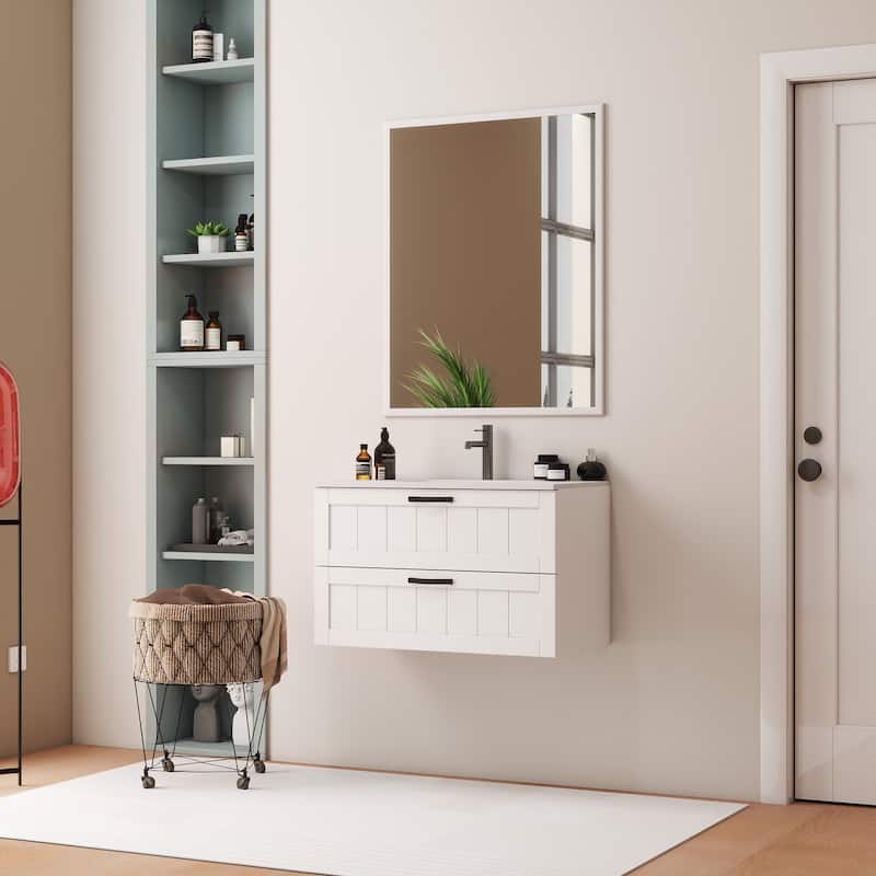 GDFStudio - 31.5" Modern Style Bathroom Cabinet, Double Drawer with Decor Line, Wall-Mounted Vanity - Cabinet+Basin+Mirror - White