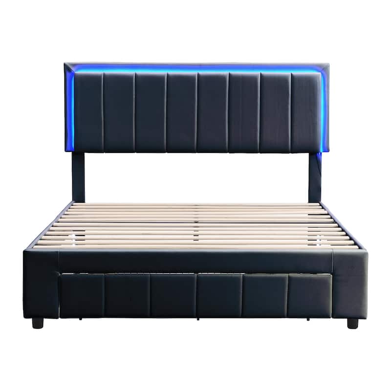 Upholstered Platform Bed with LED Lights and Two Motion Activated Night