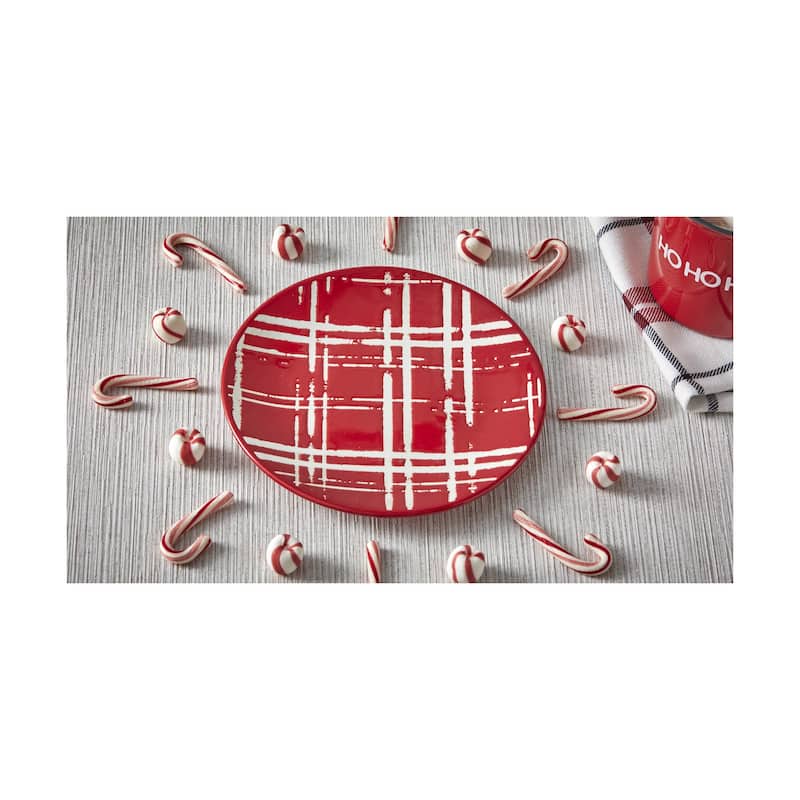 Red Plaid Ceramic Appetizer Plates Set of 4 Dishwasher Safe Everyday Dining 8 Inch Diameter