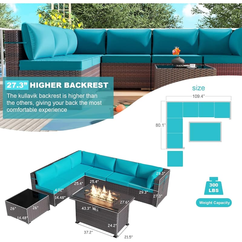 8 Pieces Outdoor Patio Furniture Set, All Weather PE Wicker Sectional Conversion Sofa set w/ Firepit Table