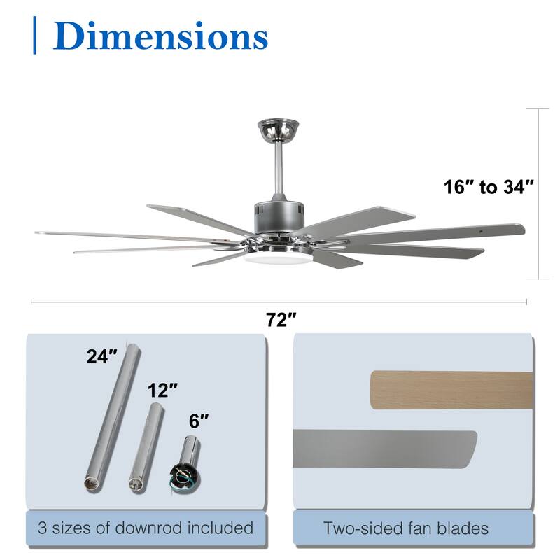 CurveCurio Large 72" Sleek Modern 8 Wood Blades Ceiling Fan with 3 Color Tone Dimmable LED Light Kit Incldued for Living Room