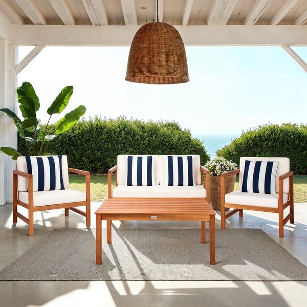 slide 2 of 12, SAFAVIEH Outdoor Montez 4-piece Conversation Set with Accent Pillows Natural/Beige/Navy White