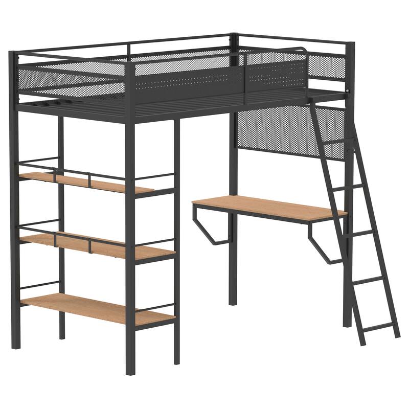 Campus 3-shelf Metal Twin Workstation Loft Bed - Matte Black