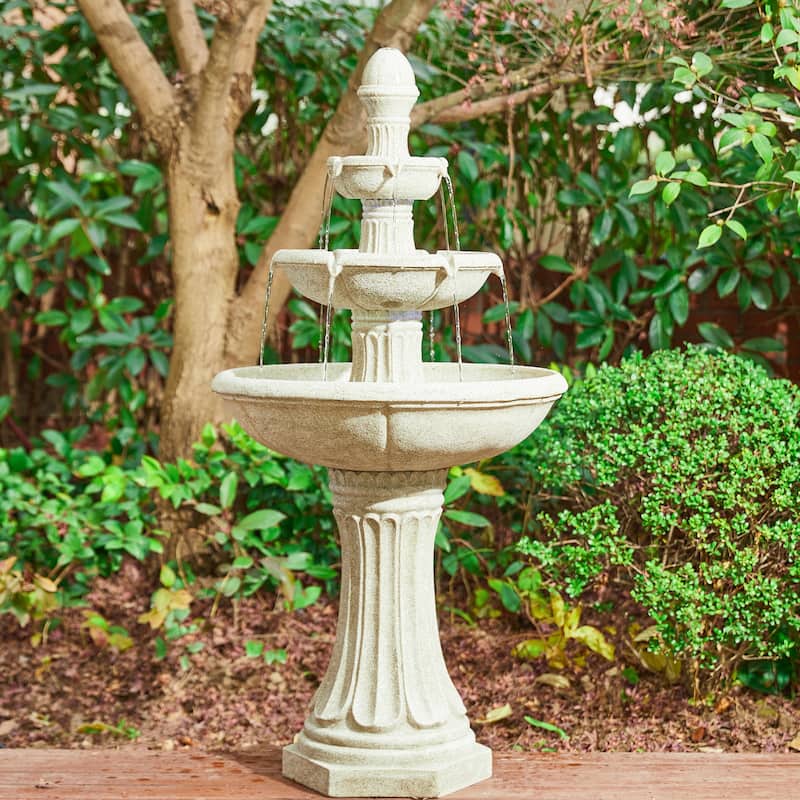 Glitzhome 45.25"H Oversized Sand Beige Terrazzo Resin 3-Tier Lighted Outdoor Fountain