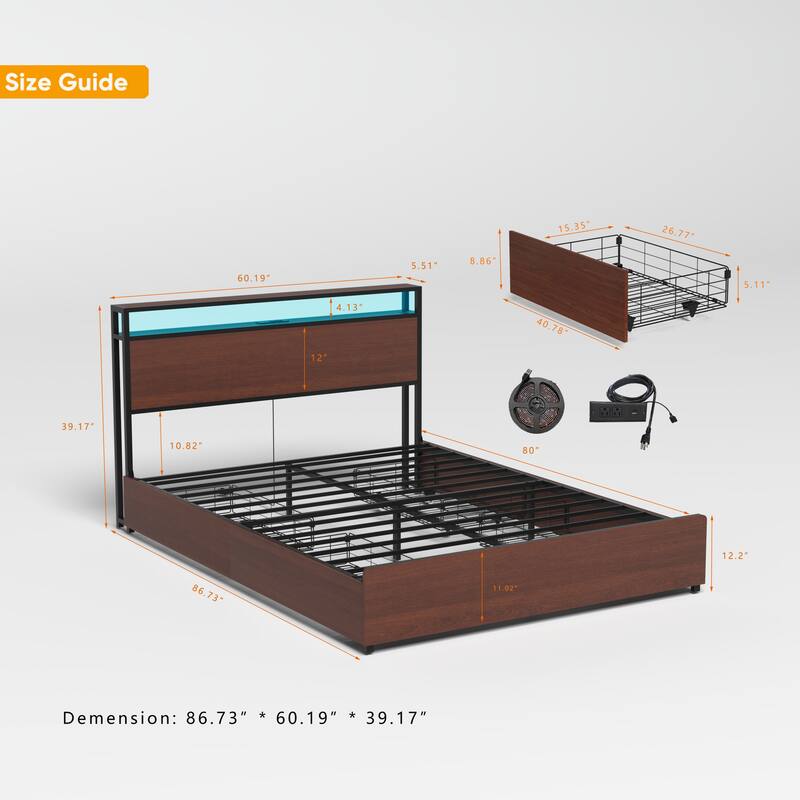Queen Bed Frame with Storage Headboard, Charging Station, LED Lights, and Easy Assembly