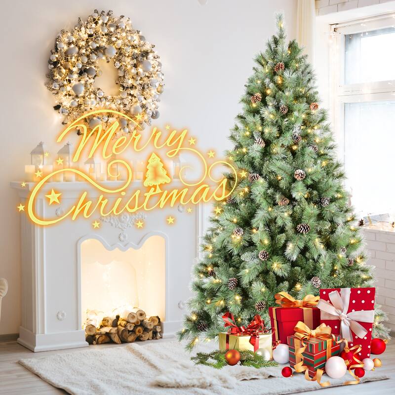 7FT Christmas Tree with 400 Warm White LED Lights-1348 PVC & Hard Needle Tips, 82 Pine Cones, Hinged Branch Design