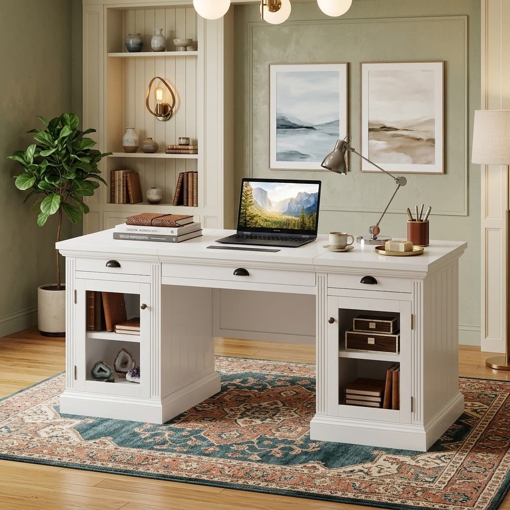 Merax Executive Storage Desk with Hidden Power Hub and Glass-Door Cabinets