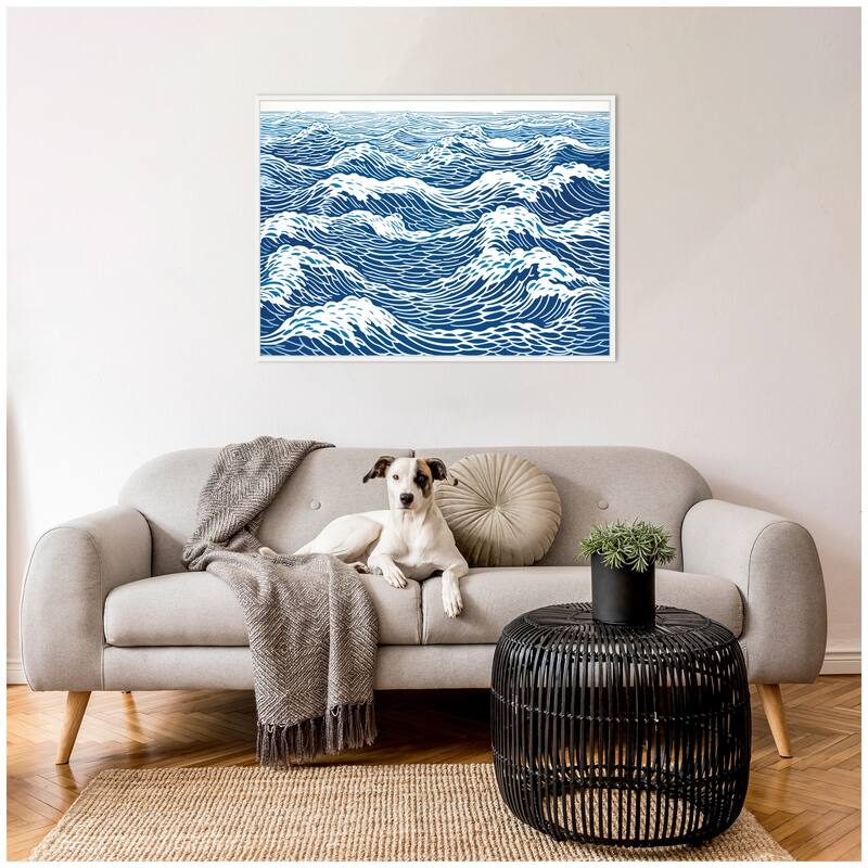 Kate and Laurel Sylvie Linocut Abstract Waves Blue and White Framed Canvas by The Creative Bunch Studio