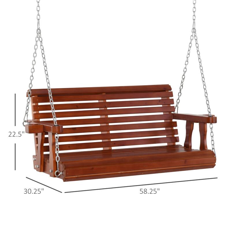 Outsunny 2-Person Outdoor Porch Swing Bench with 2 Built-In Cup Holders, Slatted Design, & Chains Included
