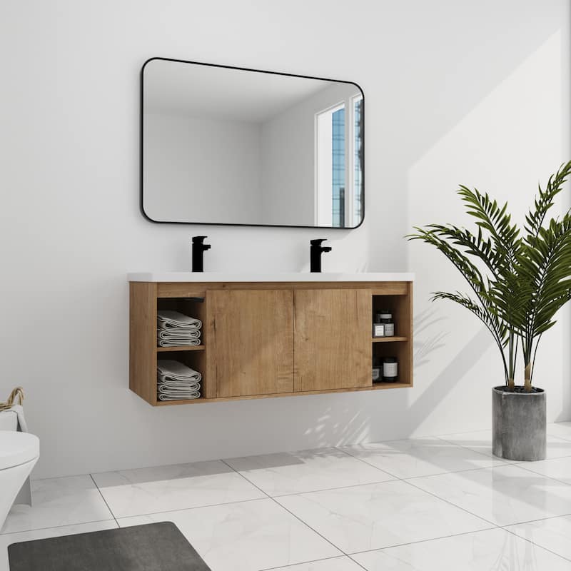 GDFStudio - Landon Modern 48 Inch Wall-Mounted Bathroom Vanity with Double Resin Sink and Soft-Close Doors - 48 inch