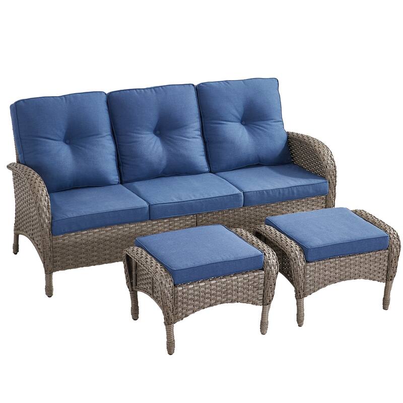 Outdoor Patio 3 Seats Sofa Couch with Ottomans