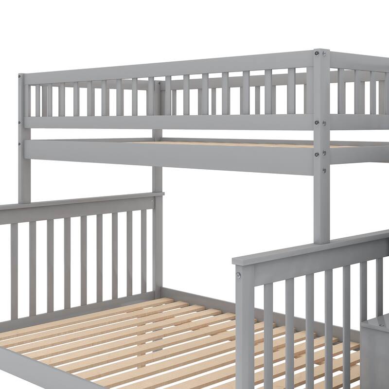 Wood Twin Over Full Bunk Bed with 2 Drawers & Storage Stair for Kids