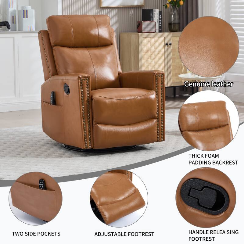 One Piece Genuine Leather Recliner Chair with Massage Heat Rocker and Swivel