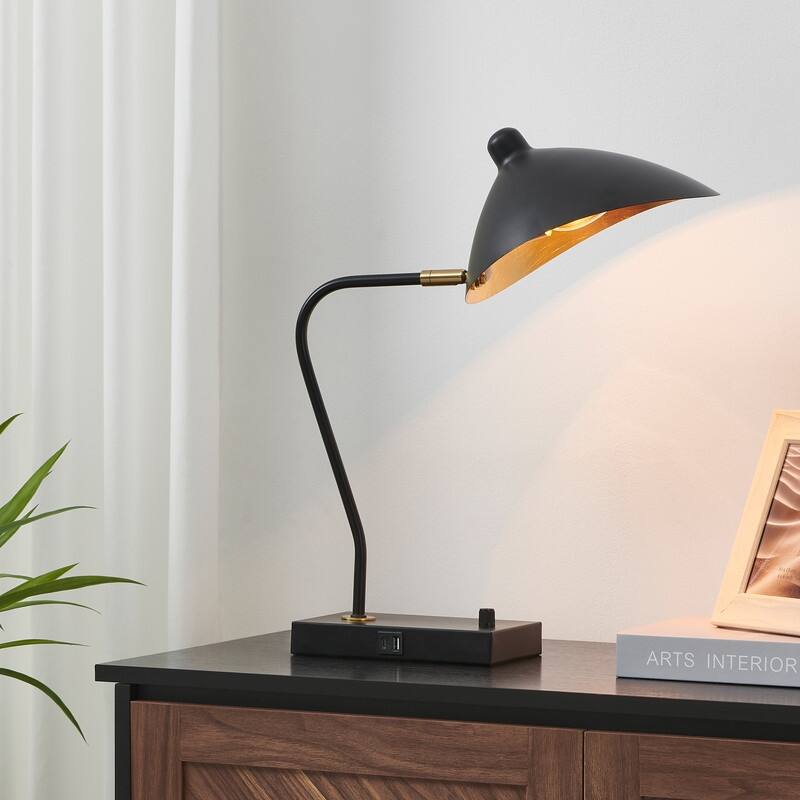 KAWOTI Modern Arched Adjustable Metal Table Lamp with USB Port - L16.25" x W8.63" x H18.25"