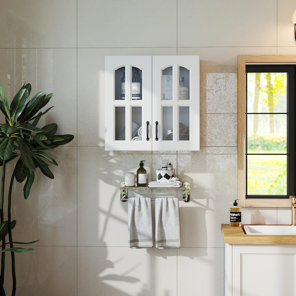 Glass Door Wall Cabinet - Floating Display Cabinet with Shelves for Kitchen, Bathroom, Living Room
