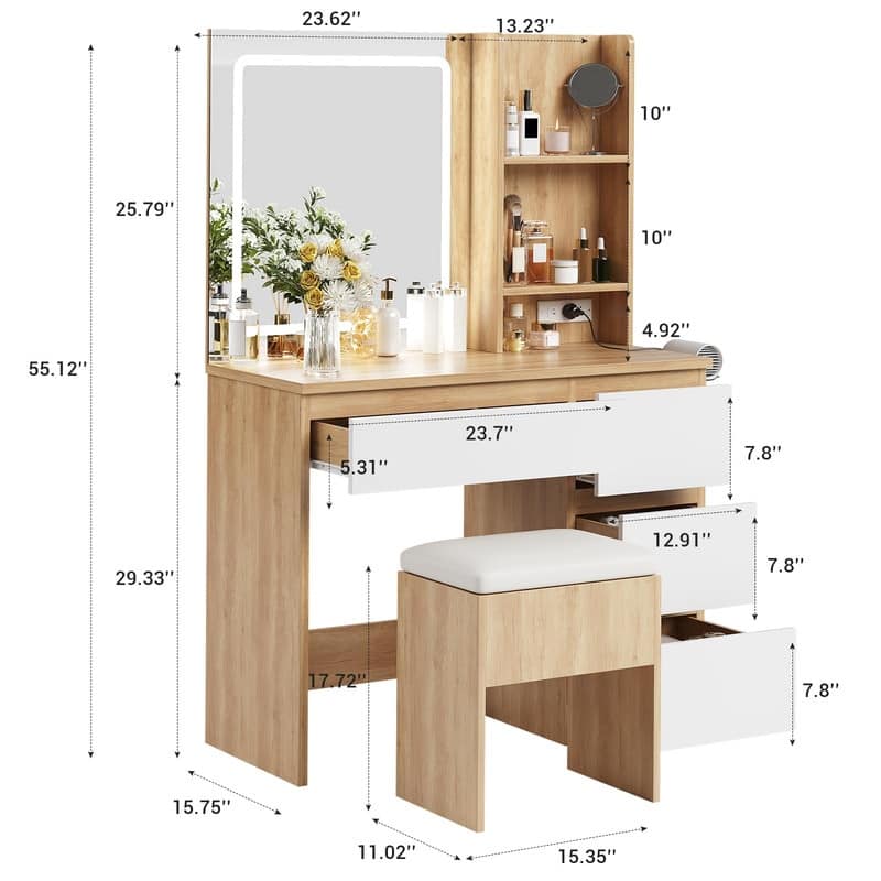 Vanity Desk with LED Mirror, Charging Ports, Storage Stool, Drawers, Hair Dryer Holder