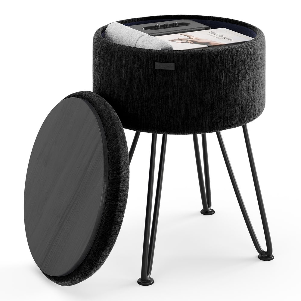 Empyrean Textured Velvet Round Ottoman with Hidden Storage