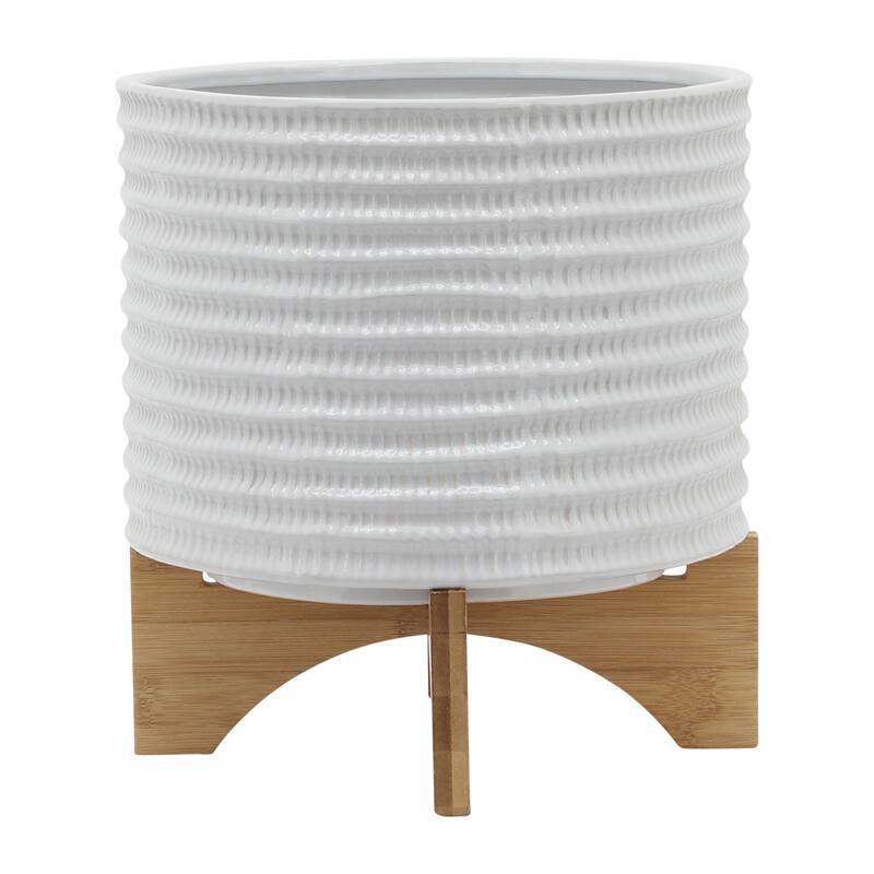 Sagebrook Home Neutral Modern Textured Ceramic Planter with Wood Stand