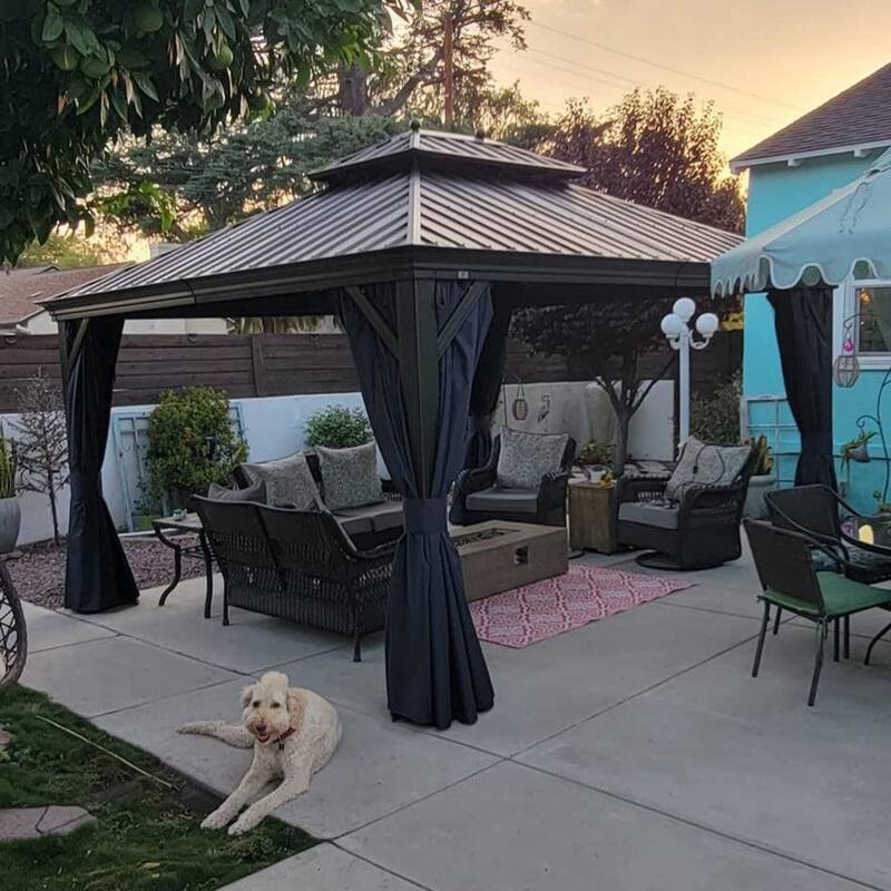 PURPLE LEAF Outdoor Hardtop Gazebo For Patio Bronze Aluminum Frame Pavilion With Navy-Blue Curtain