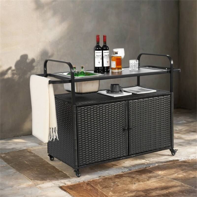 Outdoor Wicker Bar Cart with Steel Top, Ice Bucket,Lockable Wheels