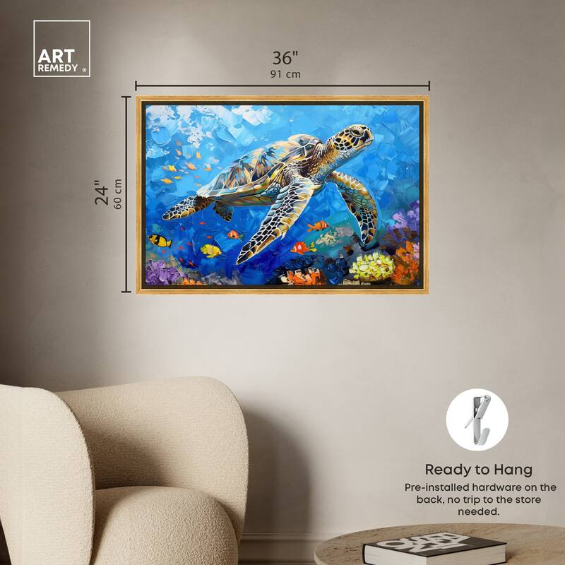 Art Remedy Turtle Swimming Framed Colorful Coastal 1 Piece Canvas Wall Art