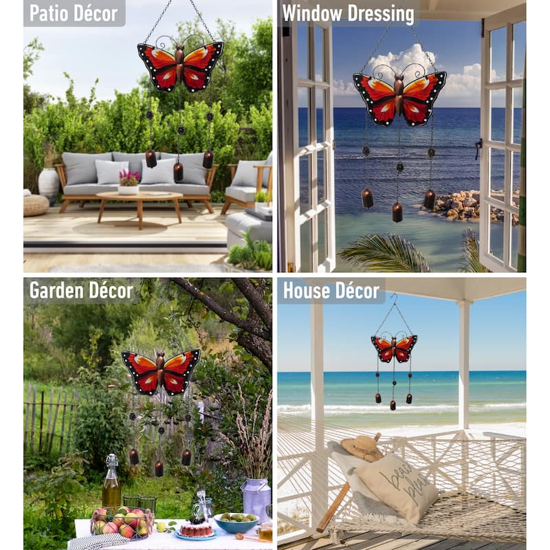 CoTa Global Red Butterfly Wind Chime - Handmade Glass And Metal Chime - 25.4 Inches