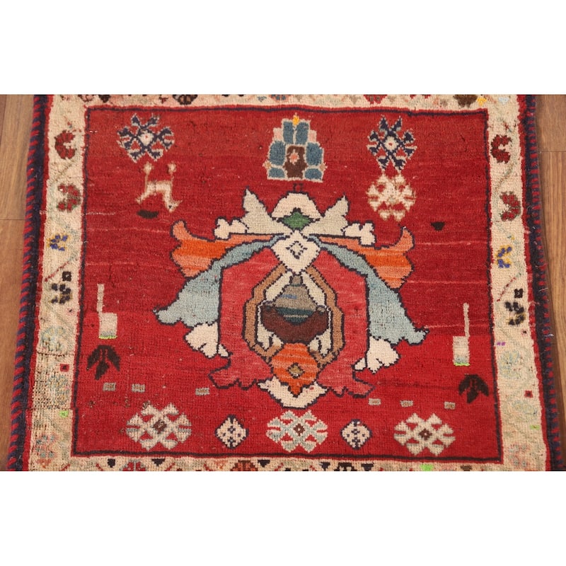 Geometric Red Shiraz Persian Vintage Square Rug Handmade Wool Carpet - 2'0" x 1'10"