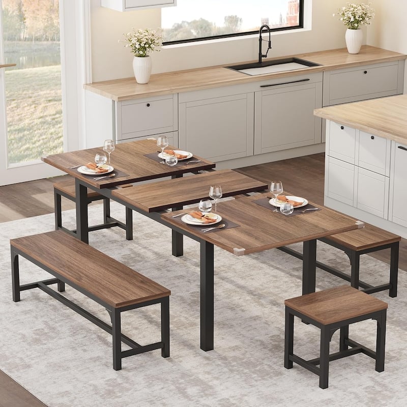 43.7in-63in Extendable Dining Table Set with 2 Benches and 2 Stools - Hard - Walnut